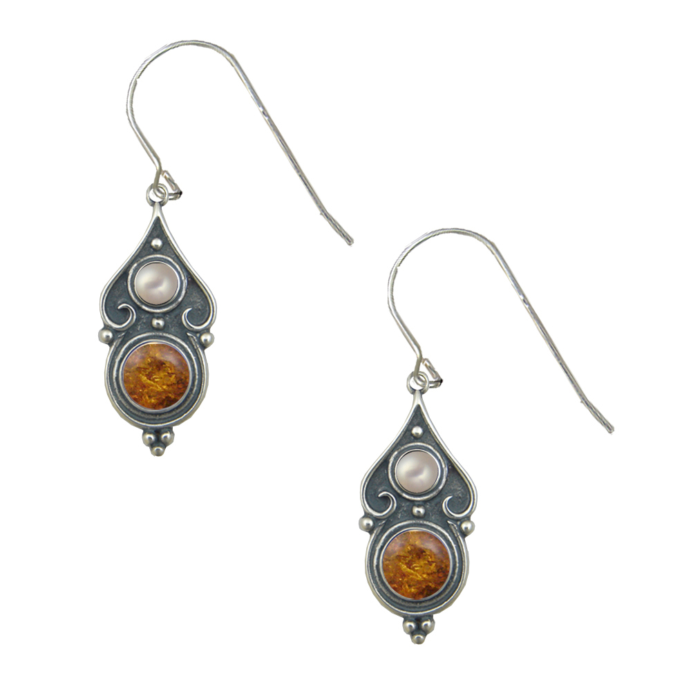 Sterling Silver Designer Post Stud Earrings With Amber And Cultured Freshwater Pearl